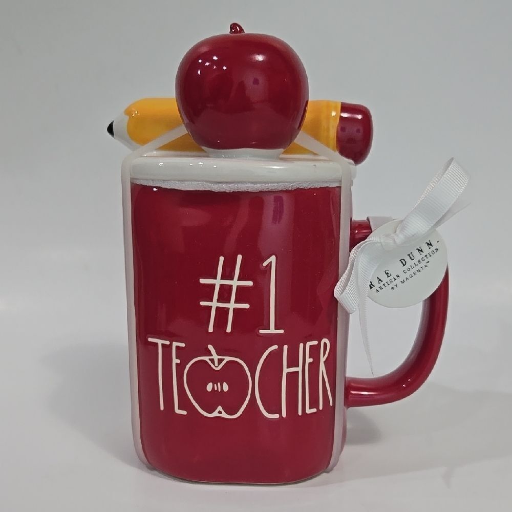 Rae‎ Dunn #1 Teacher Gift Mug Apple Pencil Lid Red Academia Coffee NWT